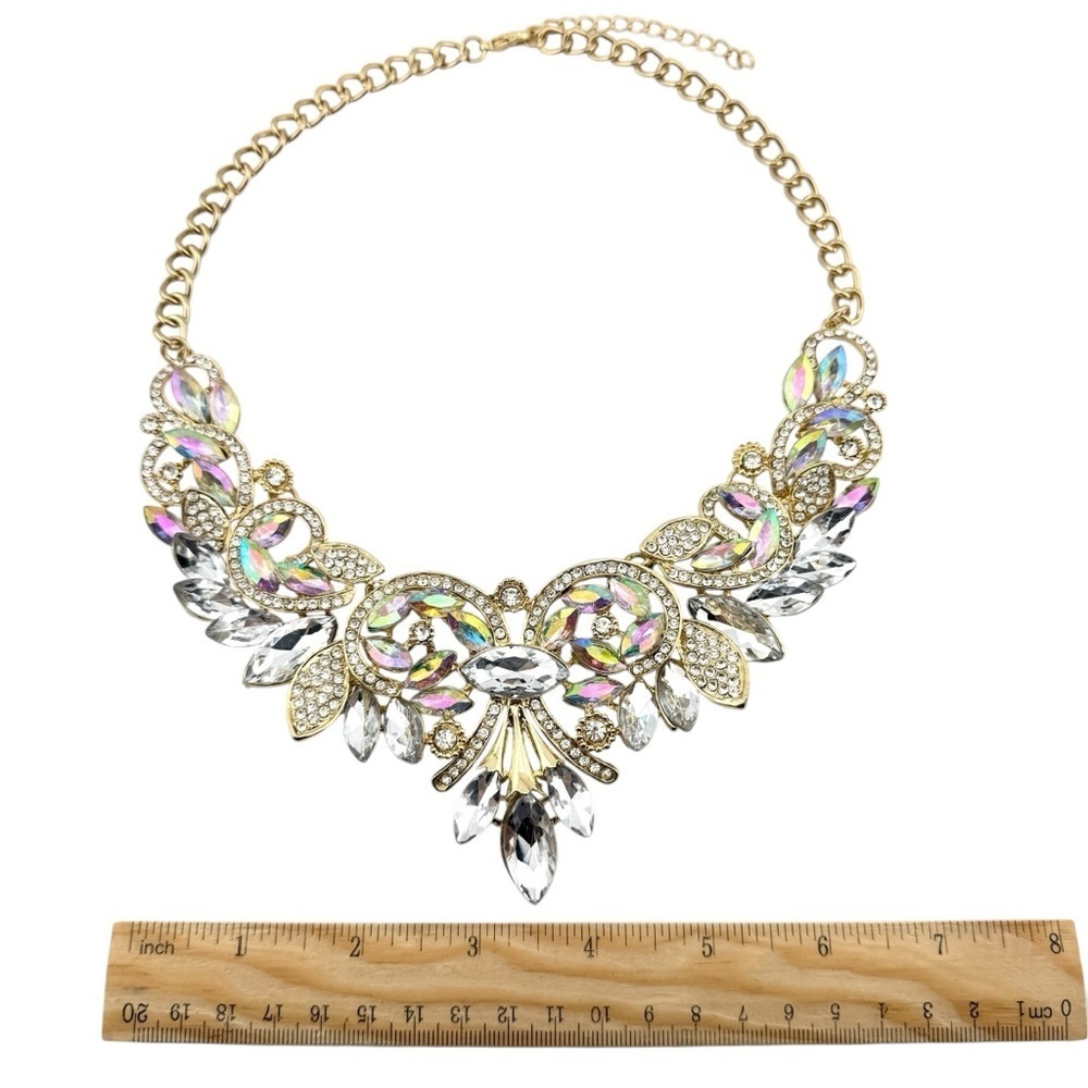 Elegant Iridescent Gold Tone Crystal Statement Necklace - Picture 11 of 12